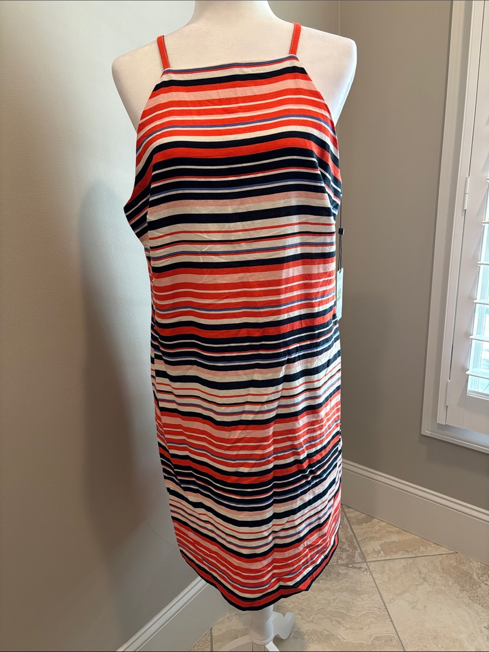 Tommy Hilfiger Striped Halter Midi Dress in Coral, Navy & White